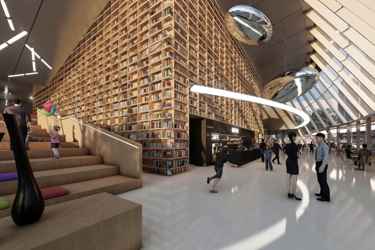 Unutrašnjost južnokorejske moderne biblioteke koja ima okrugli dizajn
